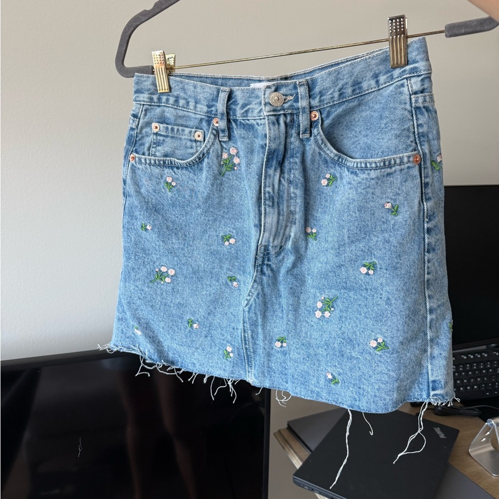 Mango Blue Floral Mini Jean Denim Skirt S